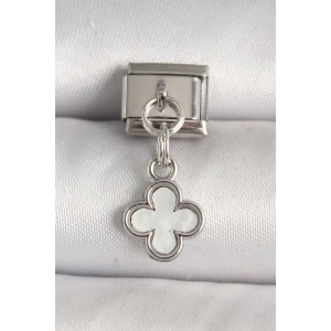 316L Çelik Gümüş Renk Beyaz Mineli Yonca Model Nomination Charm