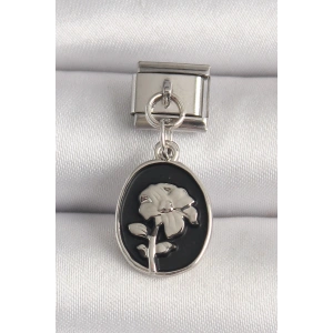 316L Çelik Gümüş Renk Gümüş Çiçek İşlemeli Siyah Portre Model Nomination Charm