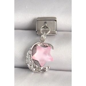 316L Çelik Gümüş Renk Hilal Pembe Mineli Yıldız Model Nomination Charm