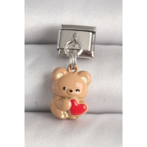 316L Çelik Gümüş Renk Kahverengi Ayıcık Model Kırmızı Kalp Detay Nomination Charm