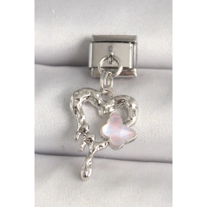 316L Çelik Gümüş Renk Kalp Pembe Mineli Kelebek Detay Nomination Charm