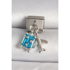 316L Çelik Gümüş Renk Mavi Bavul Uçak Model Nomination Charm