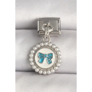 316L Çelik Gümüş Renk Mavi Fiyonk İşlemeli İnci Detaylı Nomination Charm