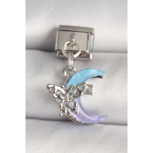 316L Çelik Gümüş Renk Mor Mavi Mix Mineli Hilal Kelebek Figür Zirkon Taş Detaylı Nomination Charm