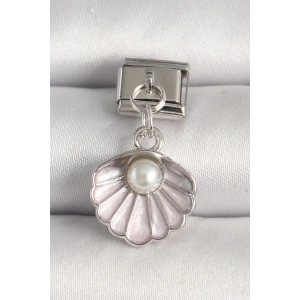 316L Çelik Gümüş Renk Pembe Deniz Kabuğu Model İnci Detay Nomination Charm