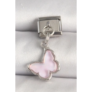 316L Çelik Gümüş Renk Pembe Kelebek Model Nomination Charm