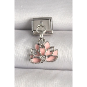 316L Çelik Gümüş Renk Pembe Lotus Model Zirkon Taş Detaylı Nomination Charm
