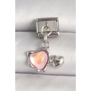316L Çelik Gümüş Renk Pembe Mineli Kalp Model Nomination Charm