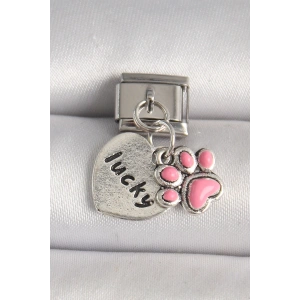 316L Çelik Gümüş Renk Pembe Pati lucky İşlemeli Kalp Model Nomination Charm