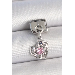 316L Çelik Gümüş Renk Pembe Zirkon Taşlı Kalpli Gül Model Nomination Charm