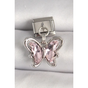 316L Çelik Gümüş Renk Pembe Zirkon Taşlı Kelebek Model Nomination Charm