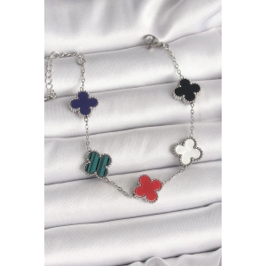 316L Çelik Gümüş Renk Renkli Yonca Model Kadın Bileklik