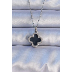 316L Çelik Gümüş Renk Siyah Mineli Zirkon Taşlı Yonca Figürlü Kolye