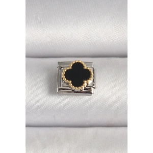 316L Çelik Gümüş Renk Siyah Yonca İşlemeli Nomination Charm