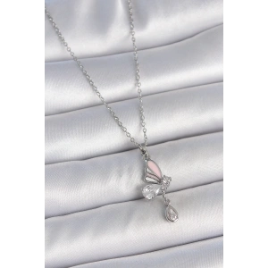316L Çelik Gümüş Renk Zincir Damla Zirkon Taşlı Kelebek Model Sallantı Detay Kadın Kolye