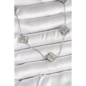 316L Çelik Gümüş Renk Zincir İşlemeli Yonca Model Kadın Kolye