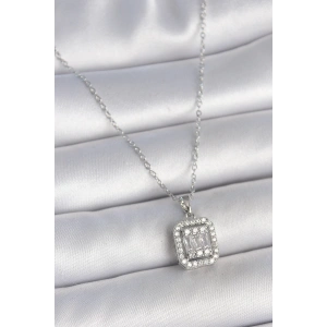 316L Çelik Gümüş Renk Zincir Kare Zirkon Taşlı Kadın Kolye