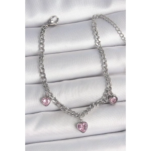 316L Çelik Gümüş Renk Zincir Sallantı Pembe Zirkon Taşlı Kalp Model Kadın Bileklik
