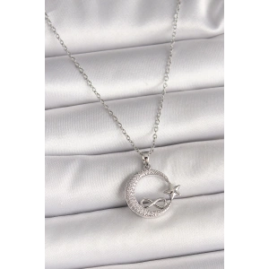 316L Çelik Gümüş Renk Zincir Zirkon Taşlı Ay Yıldız Model Sonsuzluk Detay Kadın Kolye