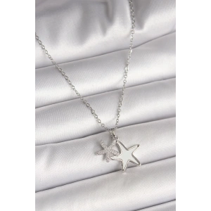 316L Çelik Gümüş Renk Zincir Zirkon Taşlı Beyaz Mineli Deniz Yıldız Model Kadın Kolye
