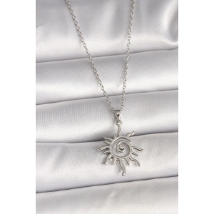 316L Çelik Gümüş Renk Zincir Zirkon Taşlı Güneş Model Kadın Kolye