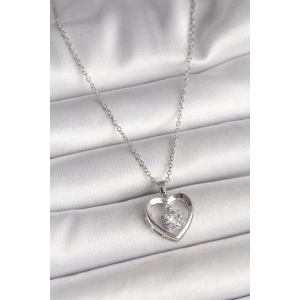 316L Çelik Gümüş Renk Zincir Zirkon Taşlı Kalp Model Kadın Kolye