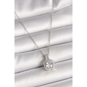 316L Çelik Gümüş Renk Zincir Zirkon Taşlı Kare Model Kadın Kolye