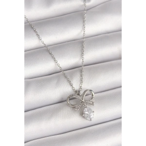 316L Çelik Gümüş Renk Zincir Zirkon Taşlı Kurdele Model Kadın Kolye