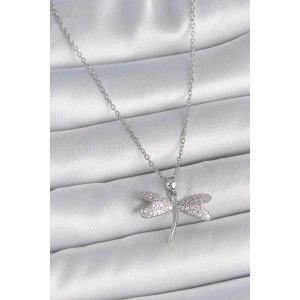 316L Çelik Gümüş Renk Zincir Zirkon Taşlı Yusufçuk Model Kadın Kolye