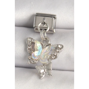 316L Çelik Gümüş Renk Zirkon Taşlı Beyaz Kelebek Model Nomination Charm