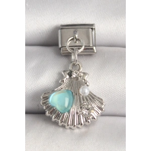 316L Çelik Gümüş Renk Zirkon Taşlı Deniz Kabuğu Model Mavi Mineli Kalp Detay Nomination Charm