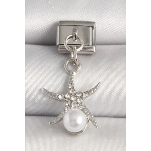 316L Çelik Gümüş Renk Zirkon Taşlı Deniz Yıldızı Model İnci Detay Nomination Charm