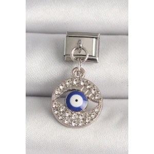 316L Çelik Gümüş Renk Zirkon Taşlı Göz Model Nazar Boncuk Detay Nomination Charm
