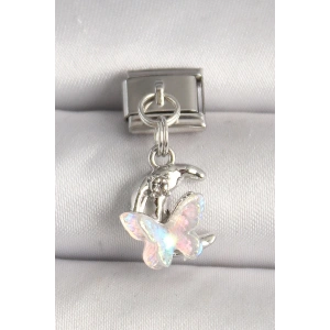 316L Çelik Gümüş Renk Zirkon Taşlı Hilal Beyaz Mineli Kelebek Model Nomintaion Charm