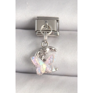 316L Çelik Gümüş Renk Zirkon Taşlı Hilal Pembe Mineli Kelebek Model Nomination Charm