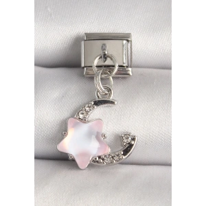 316L Çelik Gümüş Renk Zirkon Taşlı Hilal Pembe Mineli Yıldız Model Nomination Charm