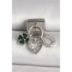 316L Çelik Gümüş Renk Zirkon Taşlı Kalp Yonca Nal Model Nomination Charm