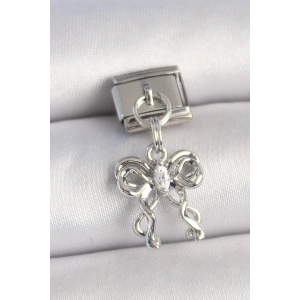 316L Çelik Gümüş Renk Zirkon Taşlı Kurdele Model Nomination Charm