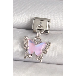 316L Çelik Gümüş Renk Zirkon Taşlı Pembe Kelebek Model Nomination Charm