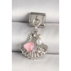 316L Çelik Gümüş Renk Zirkon Taşlı Pembe Mineli Kalp Detay Nomination Charm