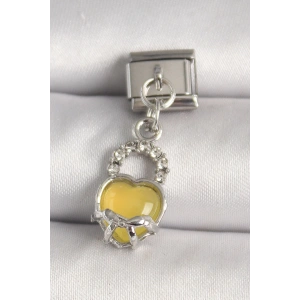 316L Çelik Gümüş Renk Zirkon Taşlı Sarı Kilit Kalp Model Nomination Charm