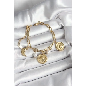 316L Çelik Güneş Ay ve Para Figürlü İnci Detaylı Sallantılı Gold Renk Kadın Bileklik