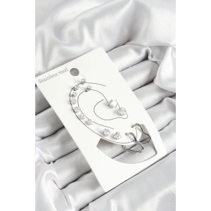 316L Çelik Kalp Figürlü Ve Zirkon Taşlı Gümüş Renk 7li Çift Kadın Küpe Set