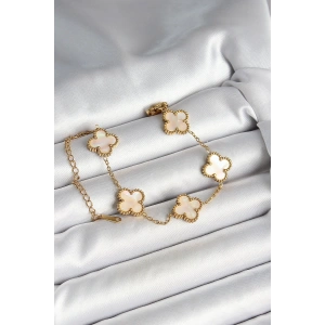 316L Çelik Sedefli Kırık Beyaz Gold Renk Yonca Kadın Bileklik