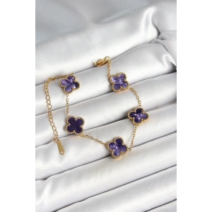 316L Çelik Sedefli Mor Gold Renk Yonca Kadın Bileklik