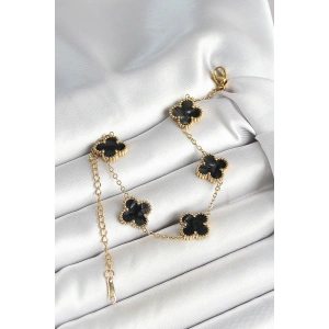 316L Çelik Sedefli Siyah Gold Renk Yonca Kadın Bileklik