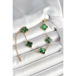 316L Çelik Sedefli Zümrüt Yeşil Gold Renk Yonca Kadın Bileklik