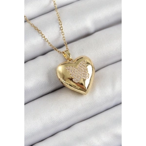 316L Çelik Zincir Açılabilir Kelebek Figürlü Kalp Model Zirkon Taşlı Gold Renk Kadın Kolye