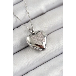 316L Çelik Zincir Açılabilir Kelebek Figürlü Kalp Model Zirkon Taşlı Gümüş Renk Kadın Kolye