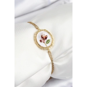 316L Çelik Zincir Beyaz Mineli Sanatsal Portre İnci Detaylı Lale Model Gold Renk Kadın Bileklik